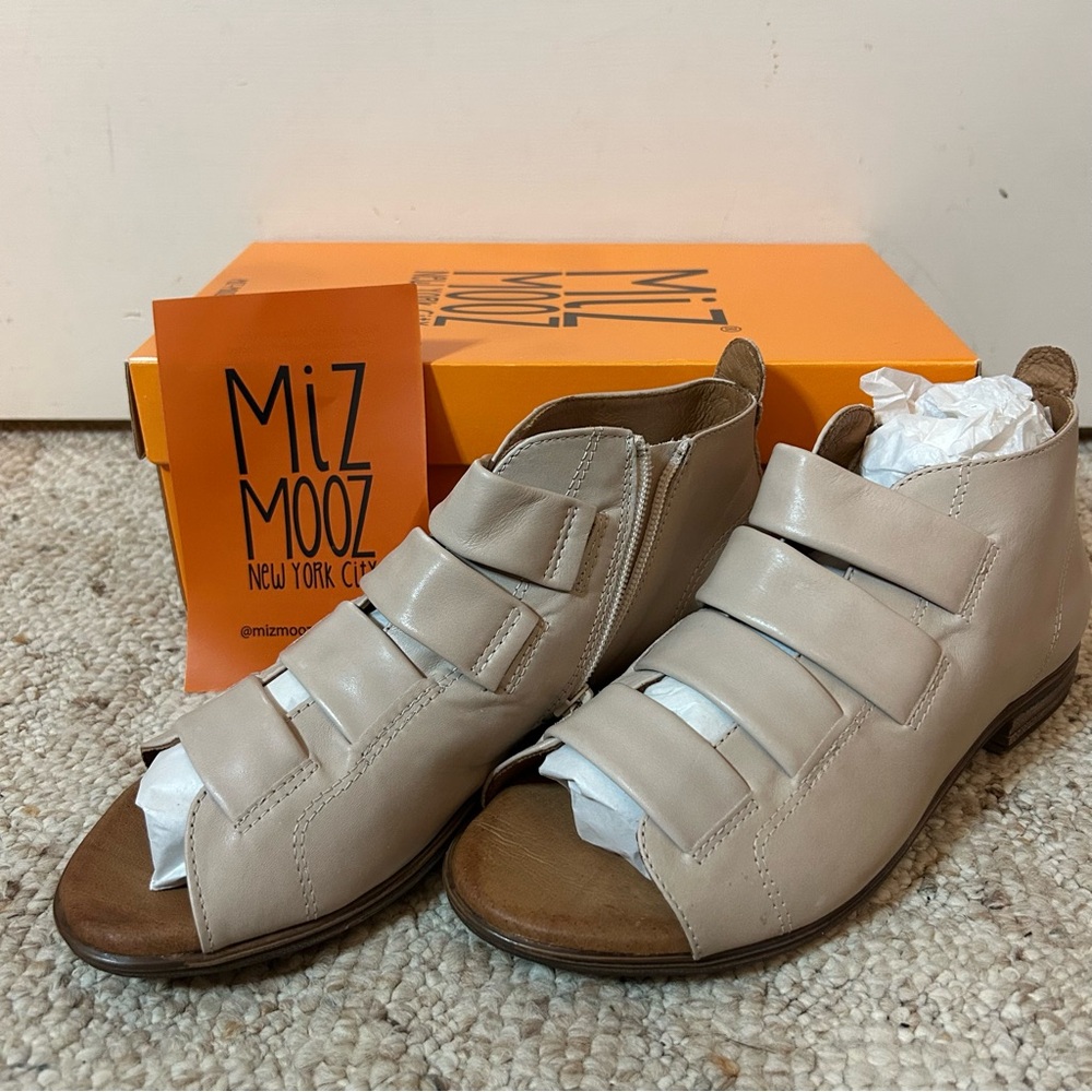 Miz Mooz Nude/Taupe Leather Strappy Open-Toe Ankle Boots